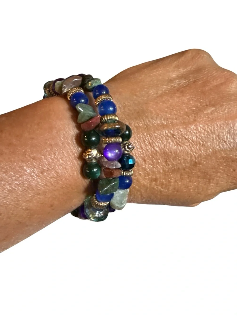 Handmade Blue Purple Cat’s Eye Glass & Gemstone Chip Memory Wire Wrap Bracelet